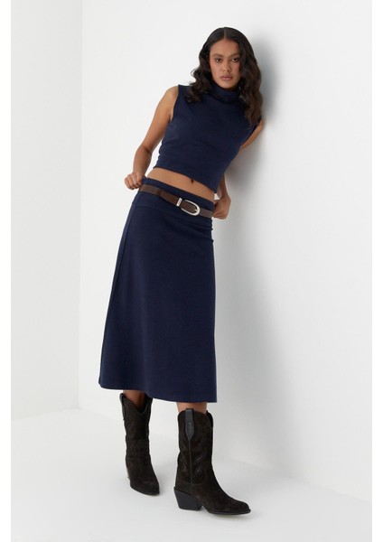Triko Görünümlü Örme Etek Lacivert