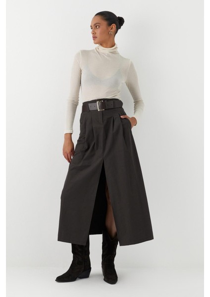 Ön Yırtmaçlı Uzun Kemerli Etek Antrasit modelleri