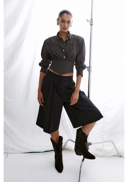 Korsaj Detaylı Çizgili Poplin Gömlek Kahverengi