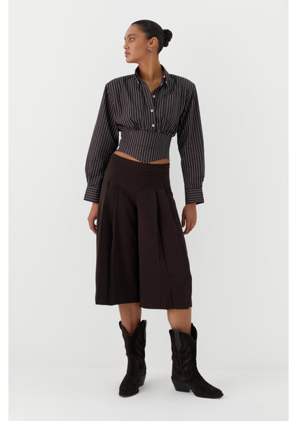 Korsaj Detaylı Çizgili Poplin Gömlek Kahverengi fiyatları