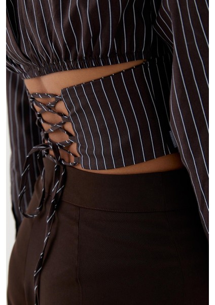 Korsaj Detaylı Çizgili Poplin Gömlek Kahverengi indirimleri