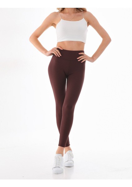 Kadın Fitilli Kahverengi Tayt – Içi Şardonlu, Yüksek Bel, Kışlık ve Sıcak Tutucu Spor Tayt