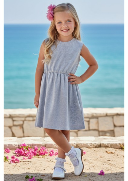 0010 - Kız Çocuk Gri Elbise Somon Toka Takım