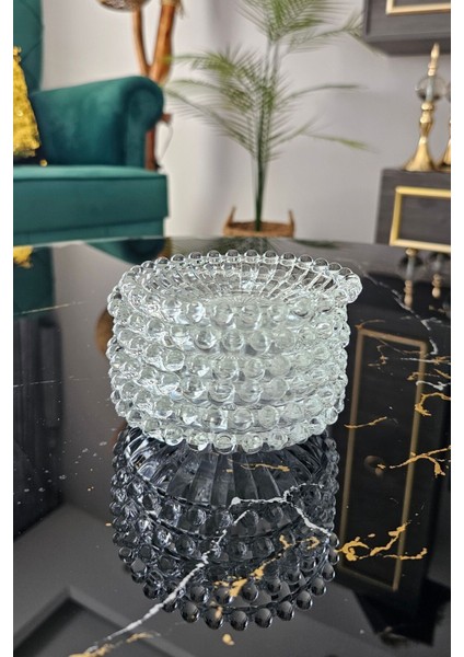 6 Lı Cam Boncuk Çay Tabağı | Cam Kristal Boncuk Çay Tabağı - Beyaz