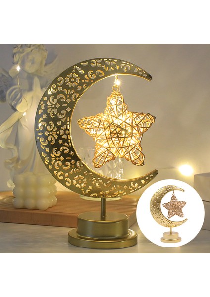 Kurban Bayramı Küresel Yıldız Şenlikli Dekoratif Lamba LED Ferforje Ay Içi Boş Masaüstü Lambası (Yurt Dışından)