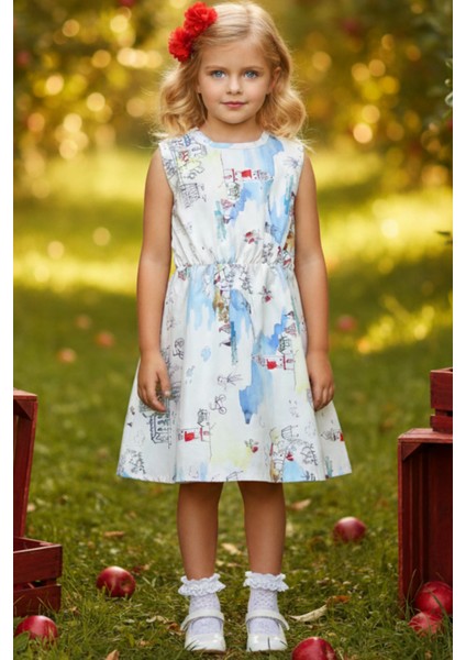 0021 - Kız Çocuk Kız Kulesi Figürlü Elbise Kırmızı Toka Takım