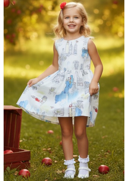 0021 - Kız Çocuk Kız Kulesi Figürlü Elbise Kırmızı Toka Takım fiyatları