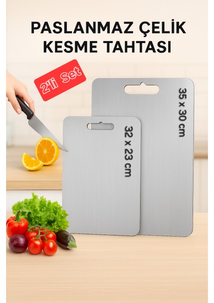 2 Adet Paslanmaz Çelik Kesme Tahtası , Hijyenik Yüzey , Büyük Boy - Xl Ekstra Büyük Boy, 2'li Set