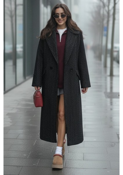 Balık Sırtı Desenli Kışlık Astarlı Kadın Kaşmir Uzun Kaban fiyatları