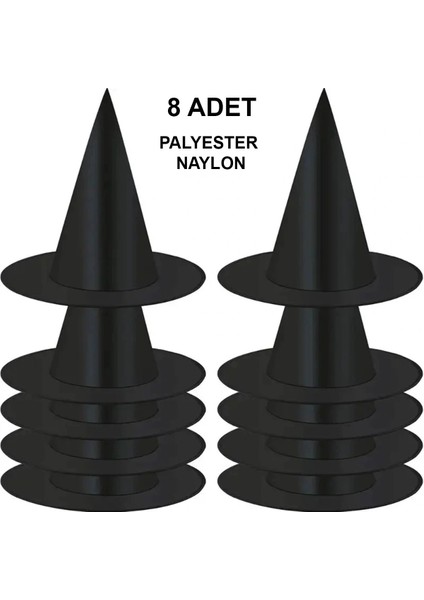 8 Adet Siyah Cadı Şapkası – Yetişkin &amp; Çocuk Kostüm Aksesuarı