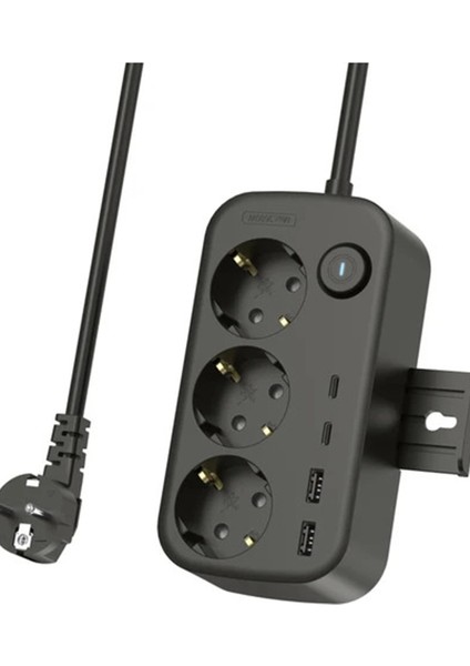 Akım Korumalı Priz 2 USB + 2 Type-C Girişli 2 Metre Kablosu Anahtarlı ve Duvara Monte Edilebilir