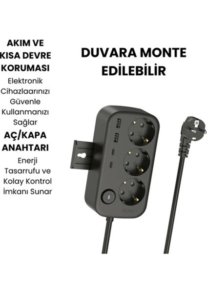 Akım Korumalı Priz 2 USB + 2 Type-C Girişli 2 Metre Kablosu Anahtarlı ve Duvara Monte Edilebilir