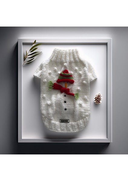 Kedi ve Köpek Için Kardan Adamlı Beyaz Kazak