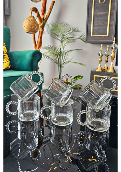 6 Lı Boncuklu Kulplu Cam Kupa 300 ml | Kulplu Çay Bardağı | Boncuk Cam Kupa Meşrubat Bardağı - Beyaz