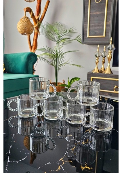 6 Lı Boncuklu Kulplu Cam Kupa 300 ml | Kulplu Çay Bardağı | Boncuk Cam Kupa Meşrubat Bardağı - Beyaz fiyatları