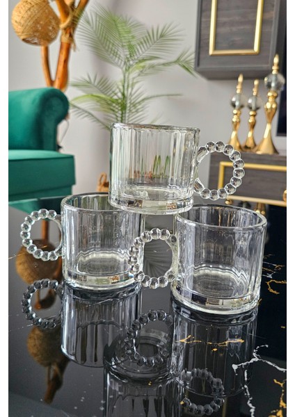 6 Lı Boncuklu Kulplu Cam Kupa 300 ml | Kulplu Çay Bardağı | Boncuk Cam Kupa Meşrubat Bardağı - Beyaz modelleri