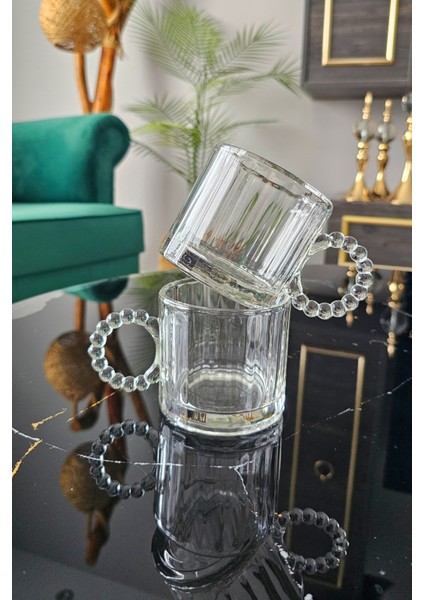 6 Lı Boncuklu Kulplu Cam Kupa 300 ml | Kulplu Çay Bardağı | Boncuk Cam Kupa Meşrubat Bardağı - Beyaz fırsatları