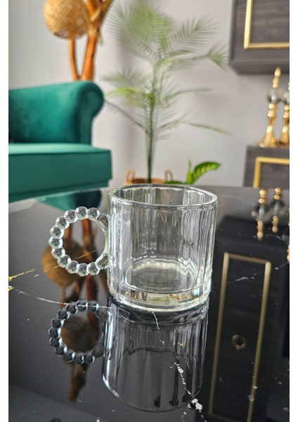 6 Lı Boncuklu Kulplu Cam Kupa 300 ml | Kulplu Çay Bardağı | Boncuk Cam Kupa Meşrubat Bardağı - Beyaz indirimleri