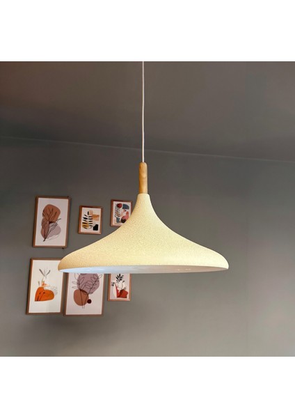 45 cm Çaplı Xl Dokulu Açık Krem Ahşap Başlık Avize Tekli Sarkıt Restoran Salon Mutfak Avizeleri