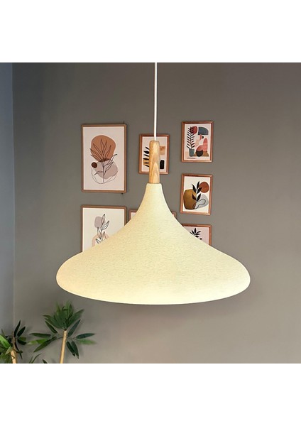 45 cm Çaplı Xl Dokulu Açık Krem Ahşap Başlık Avize Tekli Sarkıt Restoran Salon Mutfak Avizeleri