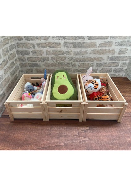 3 Adet Çocuk Odası Toparlayıcı- Oyuncak Toparlayıcı Ahşap Sepet-Organizer