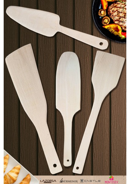Doğal Diş Budak Ağacı Ahşap Tahta Kaşık Spatula Seti Ağaç Kaşık (4 Lü Set) DŞB-103