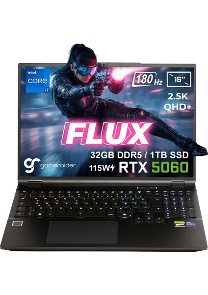 FLUX GR16 Intel Core i7-14650HX 32GB DDR5 1TB SSD RTX 5060 8GB 115W 16 inç 2.5K QHD+ 180Hz FreeDos Gaming Laptop