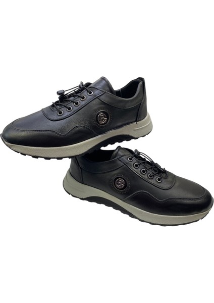 Erkek Lastik Bağcıklı Deri Siyah Poliüretan Taban -424-1-SİYAH