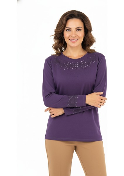 Kadın Damla Taşlı ve Desenli Uzun Kollu Yuvarlak Yaka Rahat Kesim Likralı Nergiz Kumaş Anne Ince Kazak