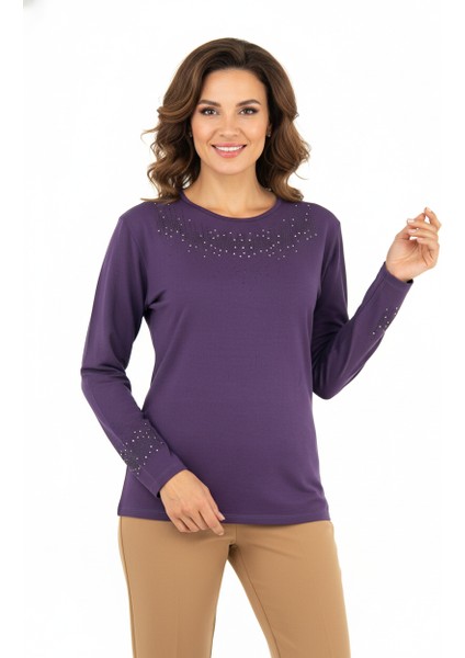 Kadın Damla Taşlı ve Desenli Uzun Kollu Yuvarlak Yaka Rahat Kesim Likralı Nergiz Kumaş Anne Ince Kazak fiyatları