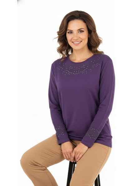 Kadın Damla Taşlı ve Desenli Uzun Kollu Yuvarlak Yaka Rahat Kesim Likralı Nergiz Kumaş Anne Ince Kazak modelleri