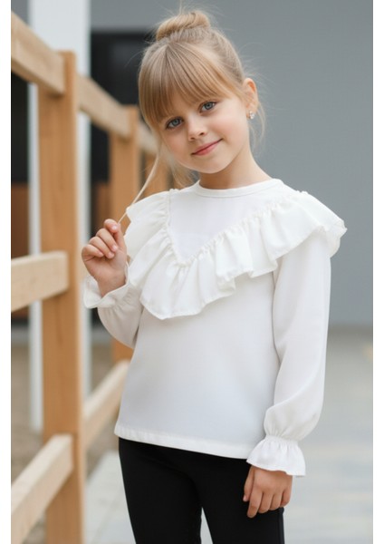 Kız Çocuk Ekru V Fırfırlı Uzun Kollu Bluz Gömlek Body fiyatları