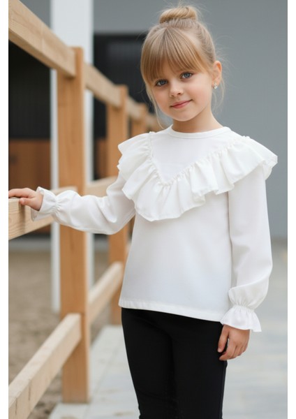 Kız Çocuk Ekru V Fırfırlı Uzun Kollu Bluz Gömlek Body fırsatları