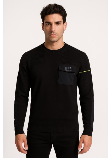 Erkek Triko Bisiklet Yaka Cep Detaylı Siyah 3755