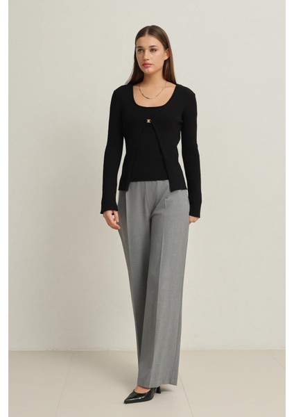 Siyah Tek Düğme Detaylı Hırka ve Kalın Askılı Kolsuz Bluz Triko Takım fiyatları