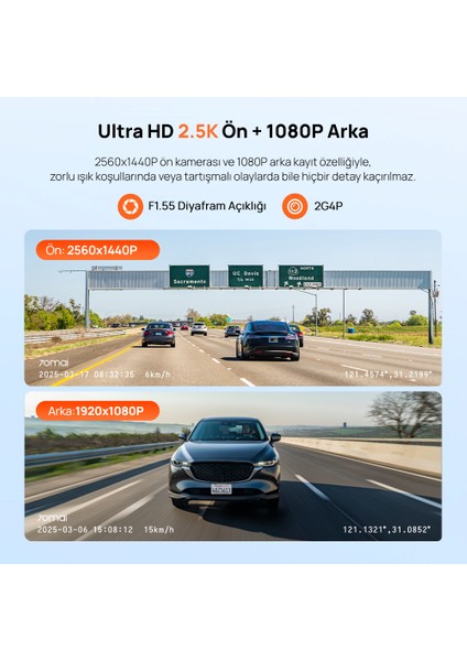 70MAİ Araç Kamerası A410 Ön Kamera+ RC21 Arka Kamera Set 2.5k + 1080P Çift Kamera