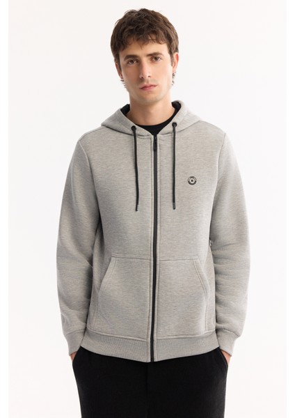 Erkek Gri Kapüşonlu 3 İplik Şardonlu Fermuarlı Regular Fit Sweatshirt E001019
