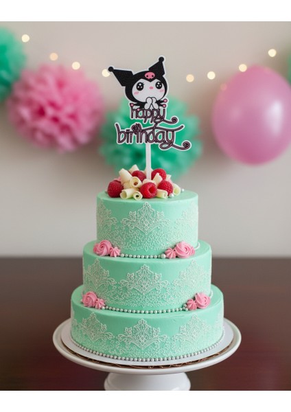 Sevimli Kuromi "happy Birthday" Pasta Süsü - Kişiye Özel Parti Detayı modelleri