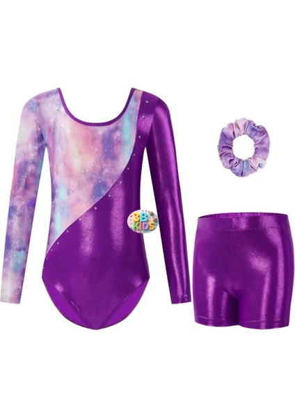 Pembe Mor Kız Çocuk Cimnastik Jimnastik Mayosu Cimnastik Şortu Toka 3 Lü Set
