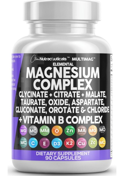 Magnezyum Complex With Magne Glycinate Citrate Malate Oxide Taurate Aspartate Orotate Mag Chloride, Zinc Copper Manganese Vitamin C B1 B2 B6 B12 Complex 90 Capsul.