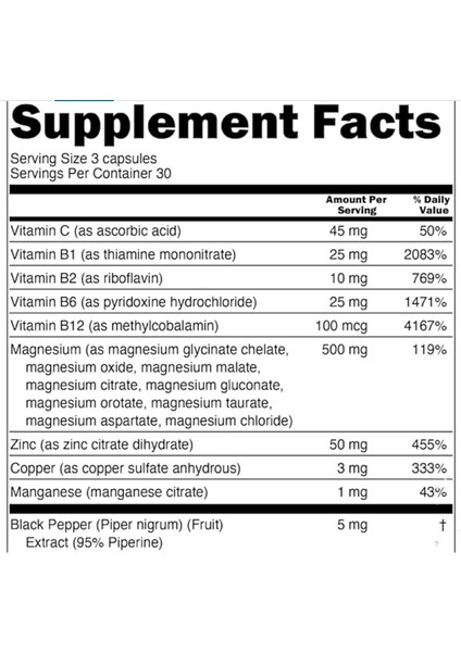 Magnezyum Complex With Magne Glycinate Citrate Malate Oxide Taurate Aspartate Orotate Mag Chloride, Zinc Copper Manganese Vitamin C B1 B2 B6 B12 Complex 90 Capsul. modelleri
