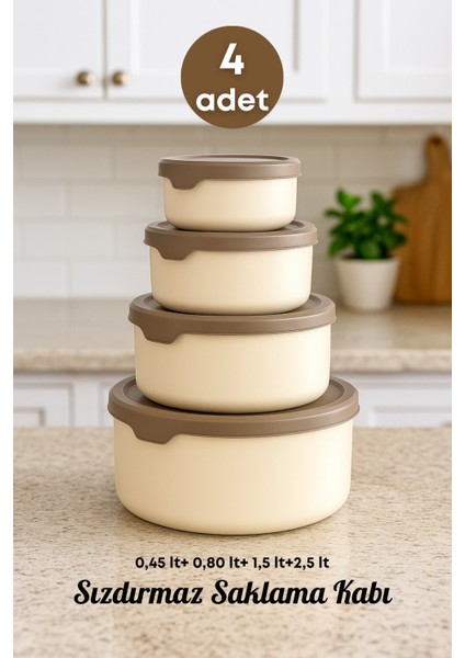 4 Adet Sızdırmaz Yuvarlak Erzak Saklama Kabı 0,45 Lt+ 0,80 Lt+ 1,5 Lt+2,5 Lt. Bej