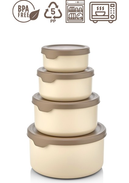 4 Adet Sızdırmaz Yuvarlak Erzak Saklama Kabı 0,45 Lt+ 0,80 Lt+ 1,5 Lt+2,5 Lt. Bej