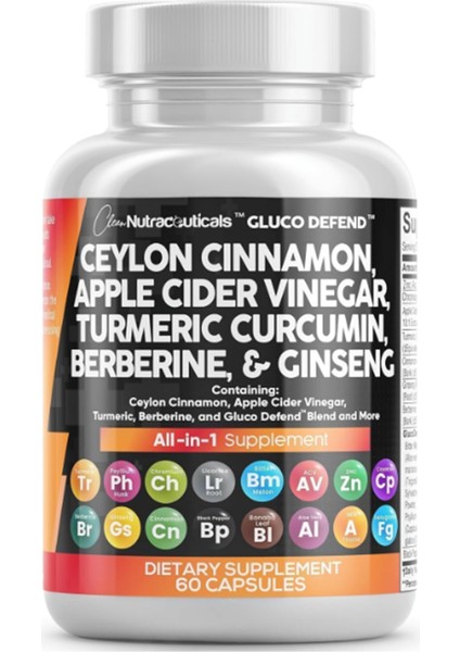 Ceylon Cinnamon + Berberine Turmeric Apple Cider Vinegar Ginseng Bitter Melon Gymnema Milk Thistle Fenugreek 60 Capsul.