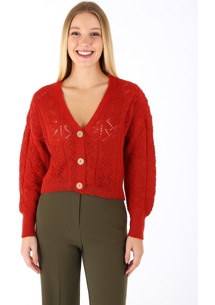 Kadın Örme Düğme Detaylı Kısa Triko Hırka