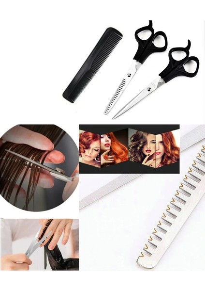 Çelik - Berber - Kuaför Traş Seti - Kuaför Makası - Ara Makas - Tarak