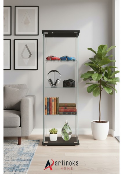 3 RAFLI SADE CAM VİTRİN SİYAH (gümüşlük,kitaplık, sunu,sergi vitrini)