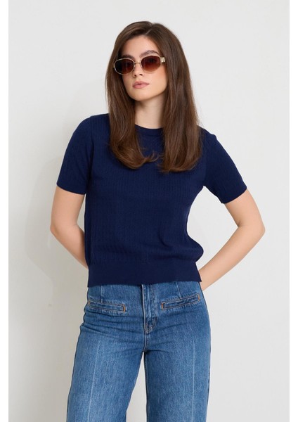 Lacivert Bisiklet Yaka Kısa Kollu Triko fiyatları