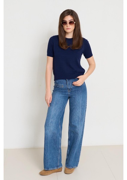 Lacivert Bisiklet Yaka Kısa Kollu Triko modelleri