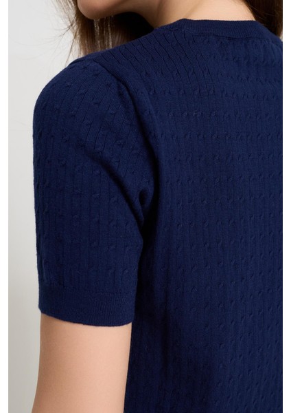 Lacivert Bisiklet Yaka Kısa Kollu Triko fırsatları